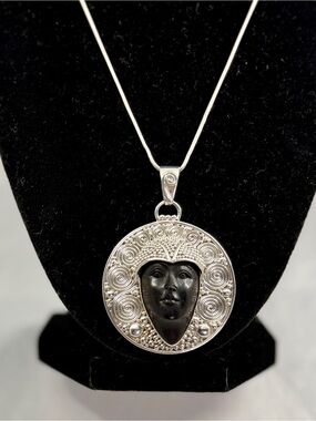SAJEN Sterling Silver Black Obsidian Carved Goddess Face Circle Pendant Necklace